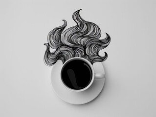 Poster - Captivating doodle art featuring a coffee cup with dynamic flowing steam swirls in a striking black and white minimalist aesthetic  The organic abstract forms create a sense of movement energy