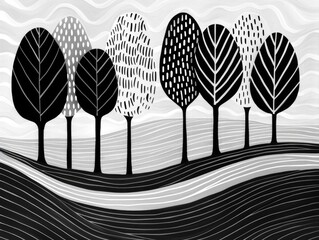 Poster - Whimsical and abstract monochrome landscape scene with stylized doodle trees and flowing organic foliage in a minimalist contemporary graphic design style
