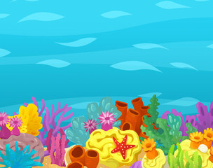 Wall Mural - Cartoon ocean and sea coral reef animals of underwater kingdom swimming diving wit illustration for kids