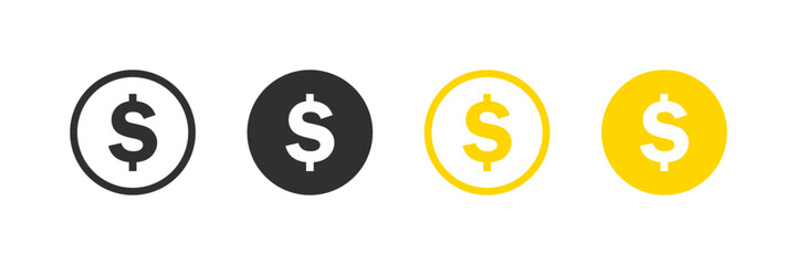 Wall Mural - simple set of black and gold dollar coins in both filled and outlined variations. vector icons in fl