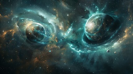 Nebula illuminates two planets in a cosmic dance, surrounded by stars and swirling gas.