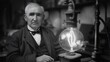 © improvee design - Thomas Edison the renowned inventor with light bulb in the background for symbolizing innovation electricity science technology and historical genius in American invention concept.