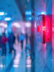 Aufkleber - A bright red fire alarm with a flashing light and button is mounted on the wall in a bustling corridor, alerting occupants during an emergency situation. Generative AI