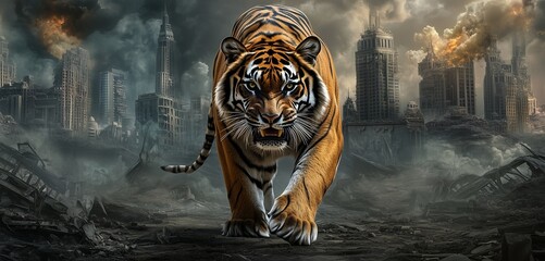 Fierce Tiger Prowling in Front of a Wrecked Cityscape, Portraying Power and Ferocity