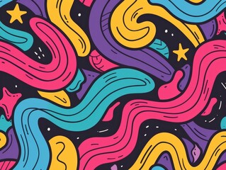 Poster - Vibrant and energetic doodle art design featuring a colorful banner with dynamic abstract shapes playful patterns and a surreal imaginative composition  This digital showcases a contemporary