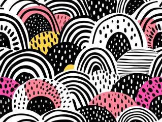 Poster - Vibrant doodle abstract patterns with repeating geometric motifs in contrasting colors  creating a lively  contemporary  and playful digital background or wallpaper design