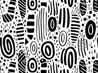 Poster - Monochrome doodle art with a repeating pattern of abstract shapes  lines  dots  and textures creates a seamless  minimalist background design perfect for digital wallpapers  website covers