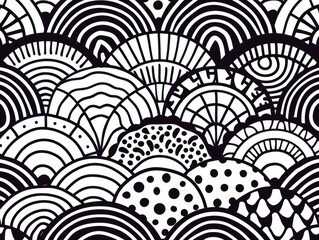 Poster - Elegant and minimalistic black and white doodle art background with repeating circular radial and organic geometric motifs  Stylized digital pattern with gradient effects symmetry