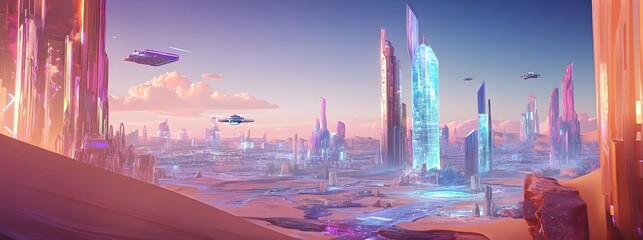 Poster - Futuristic solar powered desert cityscape with glowing skyscrapers hovering vehicles and drones and gleaming metallic structures in a vibrant crystalline architecture
