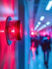 Wall Mural - A bright red fire alarm button is illuminated on the wall as people move through the corridor during an emergency alert. Generative AI