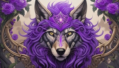 Wall Mural - Head of a wolf with purple mane, art design