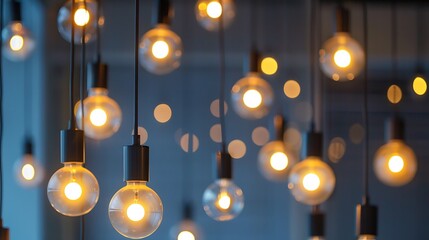 Poster - String of incandescent light bulbs hanging from the ceiling. The warm yellow glow of the bulbs creates a cozy and inviting atmosphere.
