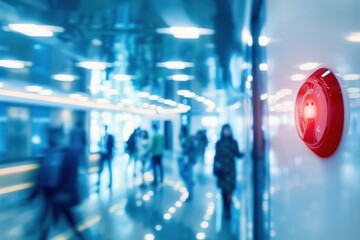 Aufkleber - A bright red fire alarm on the wall alerts occupants in a bustling indoor area filled with blurred figures moving past. Generative AI