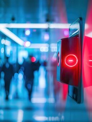 Leinwandbilder - A bright red fire alarm with a flashing light and button is mounted on a wall, while blurred figures walk through a modern corridor. Generative AI