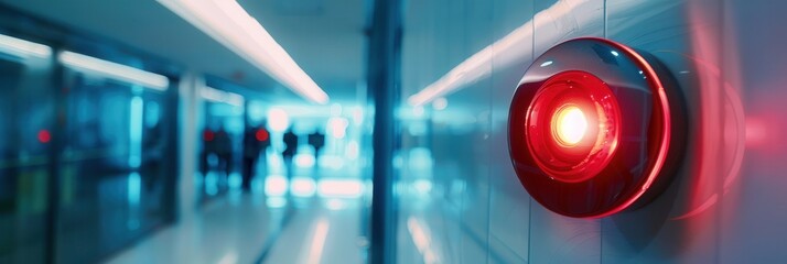 Aufkleber - A bright red fire alarm with an illuminated light and button is mounted on the wall in a modern corridor, ready for emergency use. Generative AI