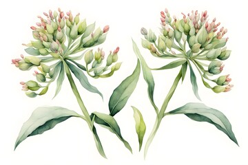 Wall Mural - Watercolor showy milkweed flowers on white background, ai Generated