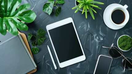 Aufkleber - A person's daily routine, with a tablet computer and a cup of coffee on a table