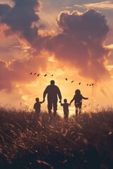 Poster - A family strolling together in a beautiful field during sunset