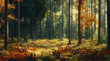 Sticker - Autumn Forest Illustration with Sunbeams Shining Through Trees