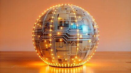 Poster - Futuristic Energy Core - Glowing Sphere with Cybernetic Circuits, HighTech Cyberpunk Aesthetic, Neon Blue and Yellow Lights, Advanced Technology, Sci-Fi Power Source