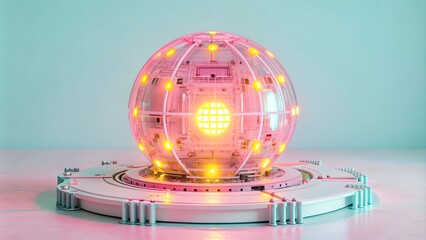 Poster - Futuristic Energy Core - Glowing Sphere with Cybernetic Circuits, HighTech Cyberpunk Aesthetic, Neon Blue and Yellow Lights, Advanced Technology, Sci-Fi Power Source