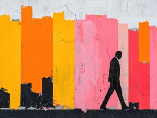 Aufkleber - Striking collage style composition featuring a silhouetted cityscape against a vibrant  graffiti covered backdrop in shades of orange  pink  and black  The geometric shapes  layers