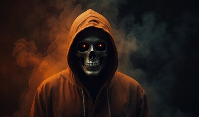 Wall Mural - Mysterious hooded figure with a skull face surrounded by orange smoke on a dark background, concept of horror and fantasy