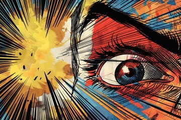 Poster - A close-up shot of a person's eye looking at the sun in the background, ideal for use in travel or nature-themed projects