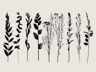 Poster - This image showcases a collection of captivating monochrome botanical line art sketches  featuring minimalist silhouettes of leaves  flowers  stems  and other natural elements  The clean  simple