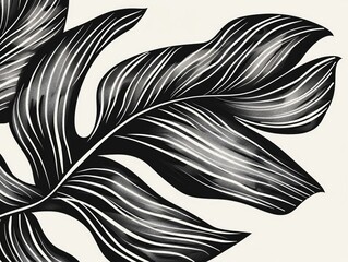 Poster - Striking Monochrome Abstract Line Art Design Depicting Tropical Leaf Shapes with Elegant Minimalist Geometric Patterns Creating a Fluid Harmonious and Visually Captivating Botanical Artwork
