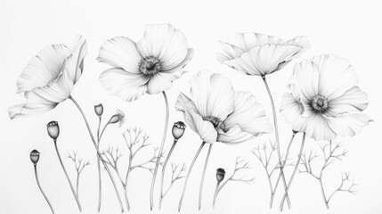 Poster - Elegant Line Art Wildflowers in Minimalist Black and White Design  Detailed ink drawings of various blooming flowers with delicate petals and stems in a simple modern and nature inspired aesthetic