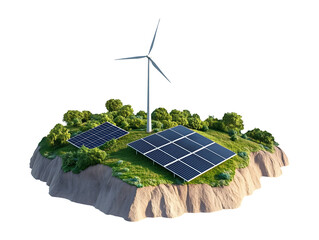 remote renewable energy setup with solar panels and wind turbine isolated on transparent or white ba