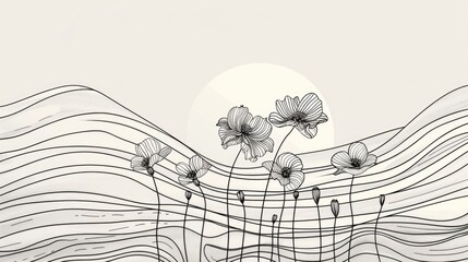 Poster - Elegant and minimalist line art design featuring a graceful floral pattern with flowing organic shapes and curves in a monochromatic color palette  This digital has a serene