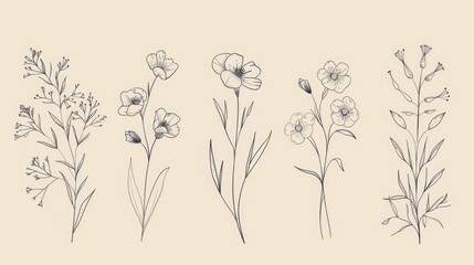 Poster - Elegant Line Art Collection of Minimalist Nature and Floral Sketches  This set of hand drawn stylized botanical and floral sketches in a minimal linear style is perfect for nature inspired designs