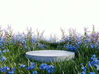 Poster - Round stone product display podium with wildflowers and grass on white background