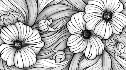 Poster - Elegant and minimalist abstract line art pattern featuring delicate floral motifs in a monochrome black and white color scheme  The organic