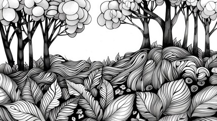 Poster - Elegant Abstract Line Art Foliage Sketch of a Lush Forest Landscape  Stylized minimalist with organic botanical elements hand drawn with simple lines and organic patterns