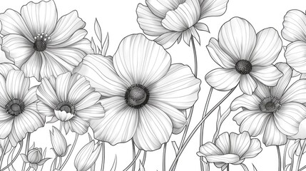 Poster - Simplified floral lineart motifs in a clean monochrome botanical pattern design  Elegant minimalist and organic aesthetic with delicate line art elements