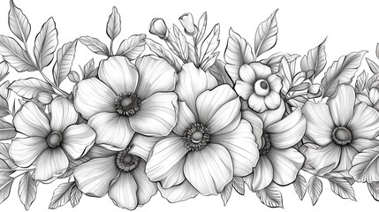 Poster - Elegant Line Art Floral Motifs in Monochrome Botanical Background  Simplified floral patterns with delicate leaves petals and stems in a minimalist hand drawn style for a timeless natural
