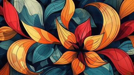 Poster - Vibrant and Elegant Floral Abstract Geometric Art Piece Featuring Intricate Botanical Patterns and Organic Shapes in a Contemporary Digital Style
