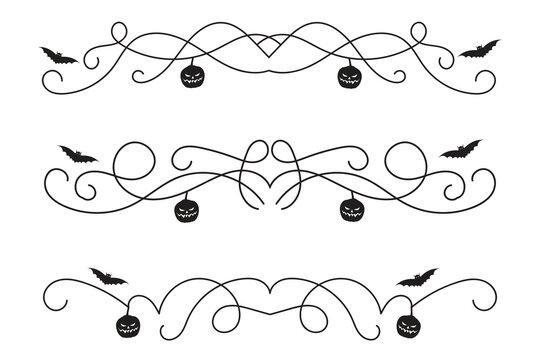 set of Halloween flourish dividers, hand-drawn fancy lines with pumpkins and Bats vine scroll page separator, decorative ornate swirls vintage menu Wedding border holiday design element

