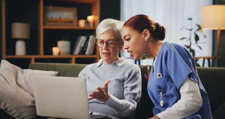 Wall Mural - Assisted living, laptop and confused old woman with nurse on sofa in retirement home for medical advice or checkup. Computer, help and healthcare with medical professional talking to senior patient