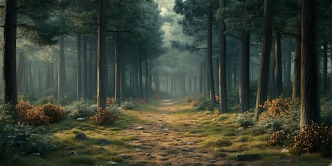 Canvas Print - Forest Path Illustration with Tall Trees and Fog