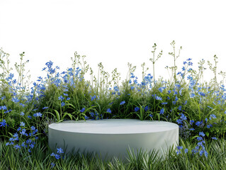 Poster - Empty podium with blue flowers and grass displaying springtime minimalist concept on white background