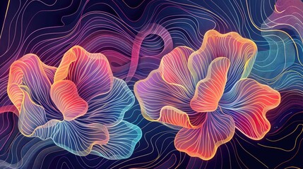 Poster - Captivating Floral Geometry Art with Abstract Vibrant Pattern Mesmerizing digital graphic design featuring organic swirling and dynamic line art florals in a vivid contemporary