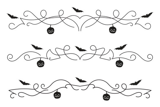 set of Halloween flourish dividers, hand-drawn fancy lines with pumpkins and Bats vine scroll page separator, decorative ornate swirls vintage menu Wedding border holiday design element

