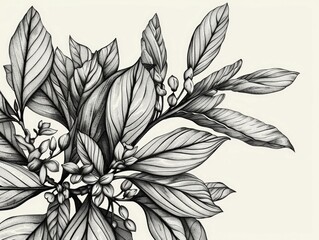 Poster - Intricate Monochrome of Exotic Botanical Line Art with Detailed Floral and Foliage Elements in a Minimalist Modern and Decorative Design