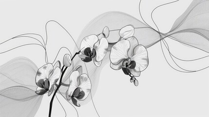 Poster - Elegant and minimalist line art of an orchid flower in a monochromatic stylized design  The simple graphic lines and delicate organic shapes create a serene contemporary composition