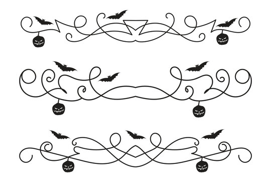 set of Halloween flourish dividers, hand-drawn fancy lines with pumpkins and Bats vine scroll page separator, decorative ornate swirls vintage menu Wedding border holiday design element

