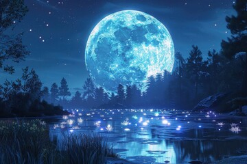 A large blue moon is shining brightly in the night sky over a calm body of water